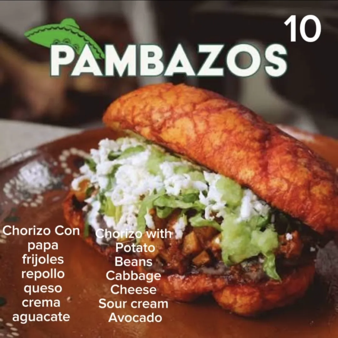Pambazos with chorizo, potato, beans, cabbage, cheese, and sour cream